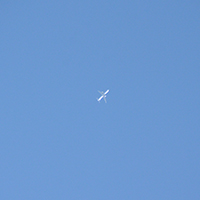 晴天の中飛ぶ飛行機の写真素材